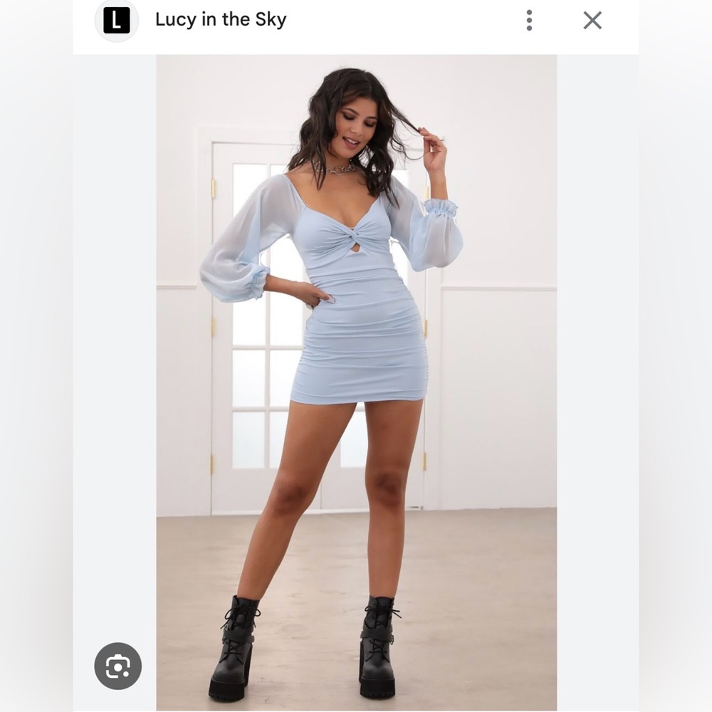 Lucy In The Sky Denisse Chiffon Sheer Sleeve Dress in Baby Blue